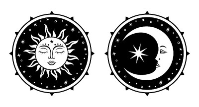 新月和太阳的剪影标志。矢量天体神秘设计。