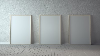 三张垂直的木框海报，木地板，白色墙壁。3帧模拟。三维演示