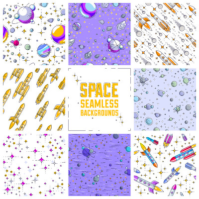 太空无缝的背景与火箭，行星，小行星，彗星，流星和恒星，未被发现的星系奇妙的纺织织物为儿童，无尽的瓷砖