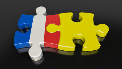 拼图上有黄色背心和法国政府旗帜。三维渲染