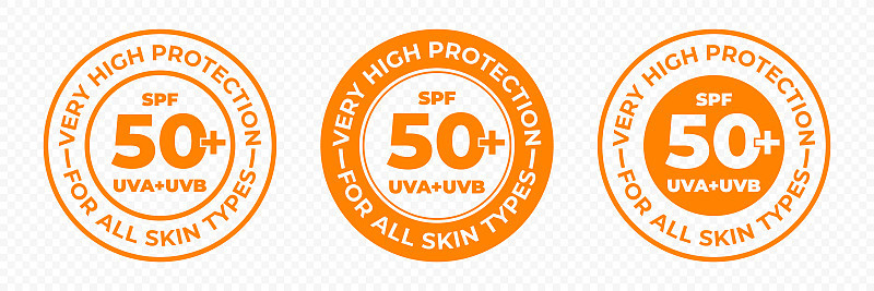 spf50防晒，UVA和UVB矢量图标。spf50 PLUS高防晒，皮肤防紫外线乳液及护肤霜包装标签
