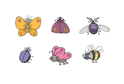 Cute cartoon insects. Funny butterflies, beetles, 