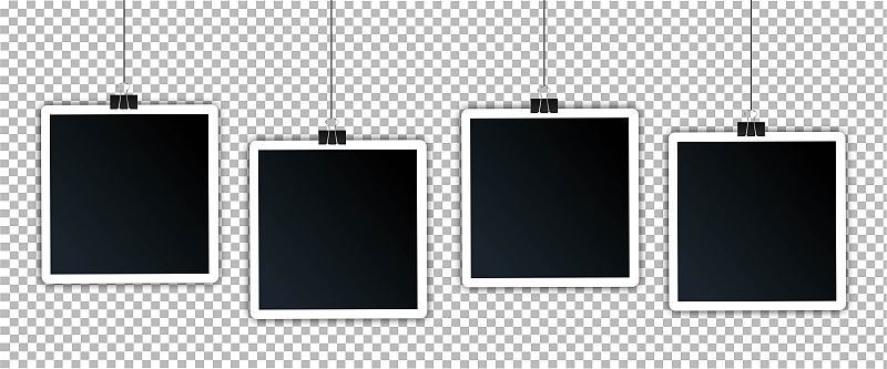 一套文具夹上的照片。相框是用绳子挂着的。模拟即时照片。相册上的照片背景透明，矢量插图。