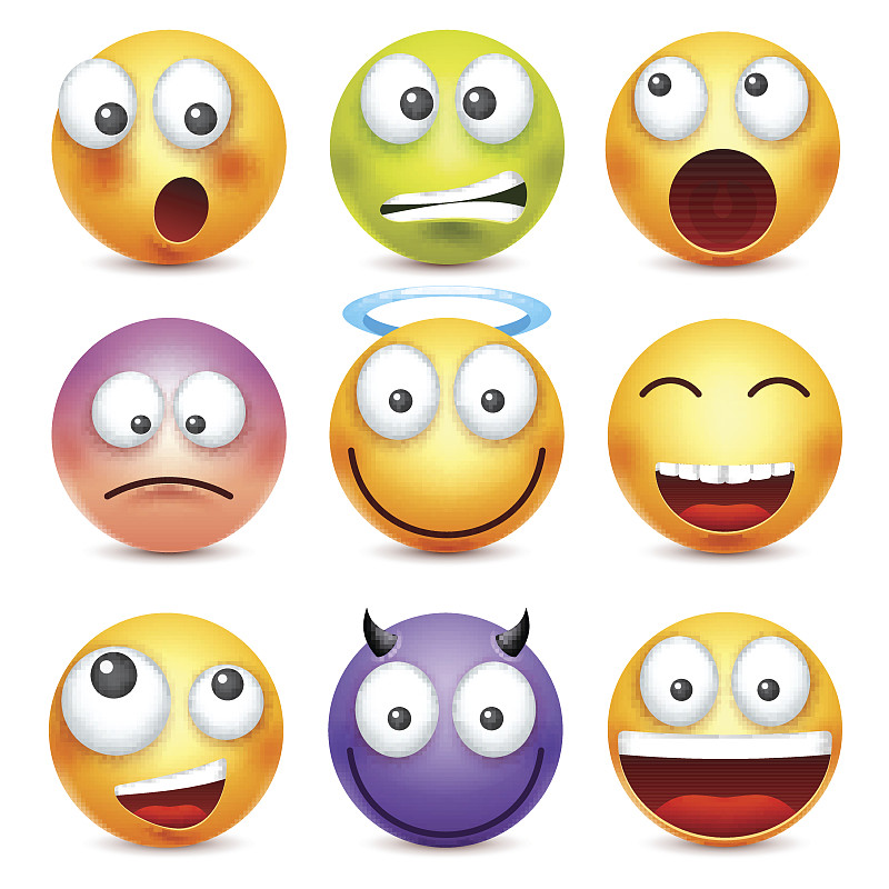 笑脸,表情符号。黄脸带着情绪。面部表情。3 d现实emoji。伤心,高兴,生气的脸。有趣的卡通cha