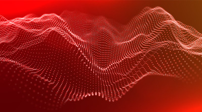 动态红粒子波。抽象的声音可视化。流数字结构。网格景观或网格数据技术。