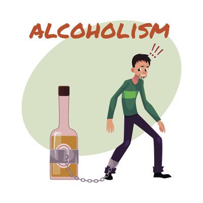胡子拉碴的男人，手被锁在酒瓶上。酒精依赖