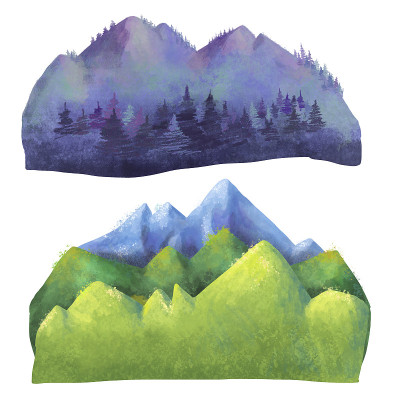 水彩画集不同种类的山