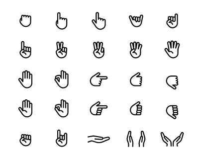 Set of hand icons in various poses such as pieces,