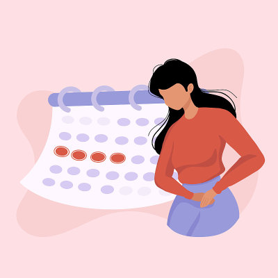 不适妇女患胃痛，腹痛。女性问题。有月经的女孩，经前综合症，经前综合症，月经，日历。