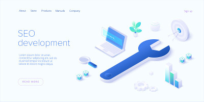 SEO发展等距矢量图。网站或网页开发概念。搜索引擎优化的商业目的。