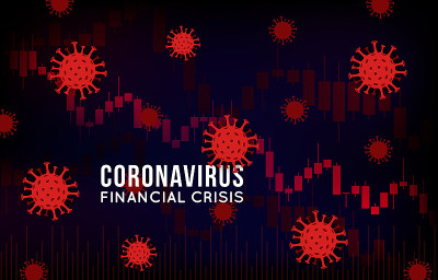 冠状病毒对证券交易所和全球经济影响的矢量概念说明。Covid-19病毒导致市场下跌。背景烛台股票图表