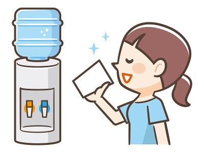 年轻女子饮用新鲜干净的水在冷却器矢量插图