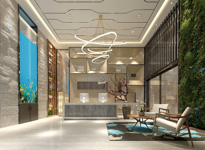 豪华酒店大堂入口接待的3d渲染