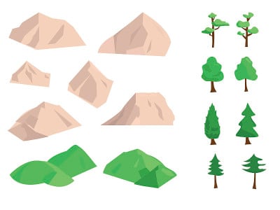 一套手绘的山，树和山向量