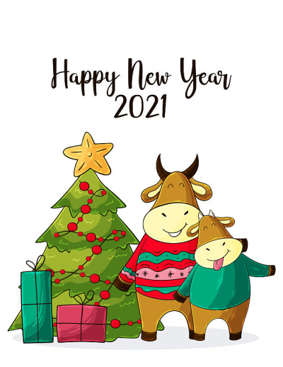 2021新年快乐儿童插画。中国新年牛年2021年
