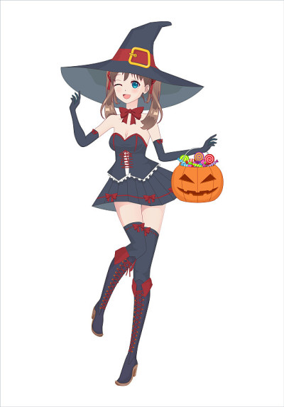 动漫女孩穿着女巫服装，戴着一顶大帽子