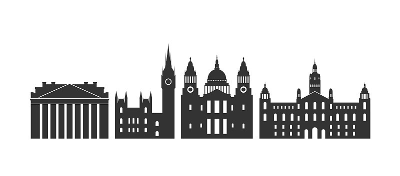英格兰。白色背景上的孤立的英国建筑