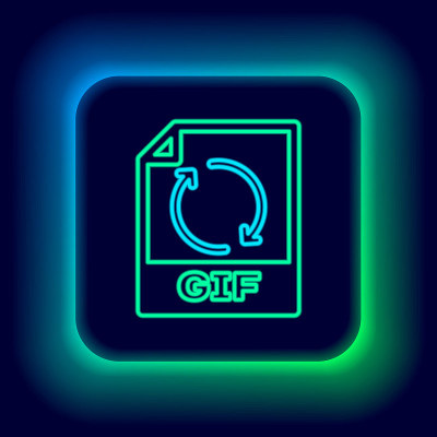 发光的霓虹灯行GIF文件文件。下载gif按钮图标孤立的黑色背景。GIF文件的象征。色彩斑斓的轮廓的概