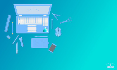 创意艺术设计工作室俯视图概念蓝色色调矢量插图eps10