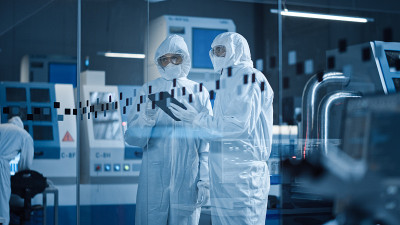研究工厂洁净室:工程师和科学家穿着工作服，站在车间里谈话和使用平板电脑，专业人员开发医疗电子设备技术