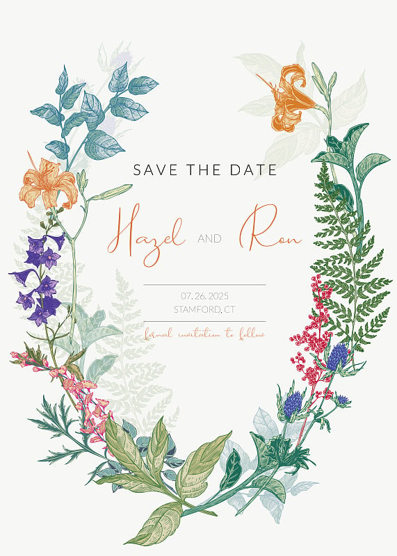 Botanical wedding invitation template with hand dr