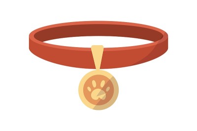 项圈与奖章猫和狗。卡通宠物红色项链和金色标签。孤立的小猫或小狗配件。带有动物足迹的金属徽章。矢量犬齿