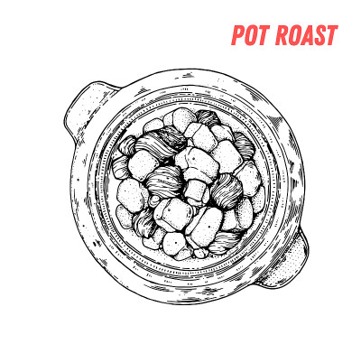 Zharkoye(俄罗斯炖菜)手绘插图。俄罗斯菜。线性图形。食物的草图。