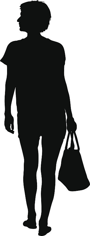 黑色剪影的女人站在那里，人们在白色的背景上