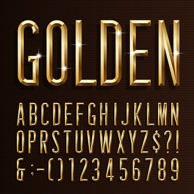 Gold alphabet narrow font. 3d beveled gold effect 