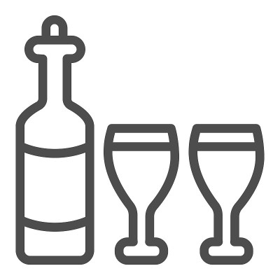 葡萄酒瓶和酒杯线图标，感恩节概念，丰收庆祝葡萄酒组成标志在白色的背景，瓶子和葡萄酒杯图标在轮廓风格。
