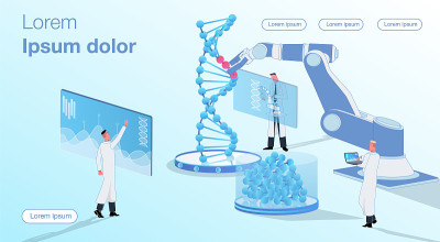 科学家们正在努力改进DNA链。它们控制一个机械臂。进行实验。医学和遗传学载体概念说明。