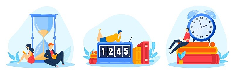 钟表手表时间，信息图标，腕表数字符号，小人，等待时间，设计，平面风格矢量插图。