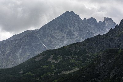 多云的一天。在雨中观赏山景。