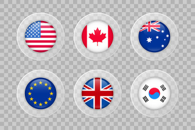 美国，加拿大，澳大利亚，欧盟，英国，韩国旗帜透明背景。孤立矢量图标设置为网页，设计，装饰，商务，旅游