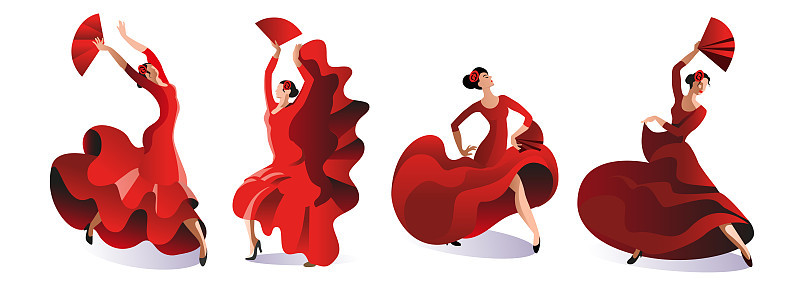 Four women in red dresses with fans dance flamenco