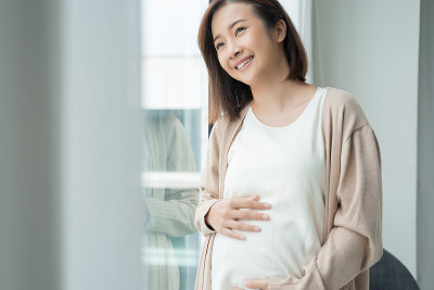 年轻的亚洲怀孕女孩在家看外面的肖像