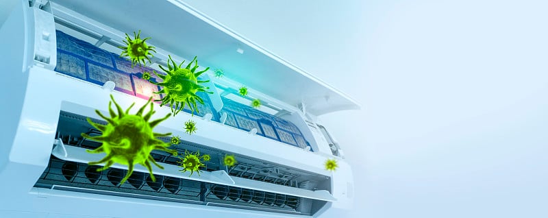 空调内部病毒的3D渲染。呼吸系统疾病预防和检测的概念