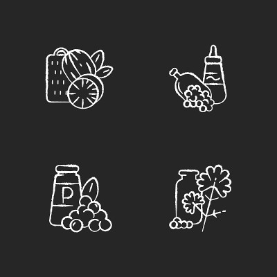 Spicy condiments chalk white icons set on black ba