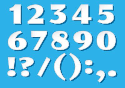 白色字体数字从1到0和字符在蓝色背景。矢量图