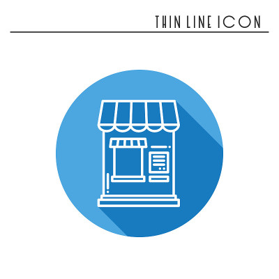 细线图标集。钱箱,售票窗口。食品亭，手推车，移动咖啡馆，商店，交易车。向量风格的线性图标。孤立的插图