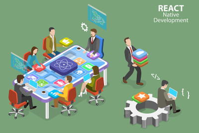 React Native Development的3D等角平面矢量概念图