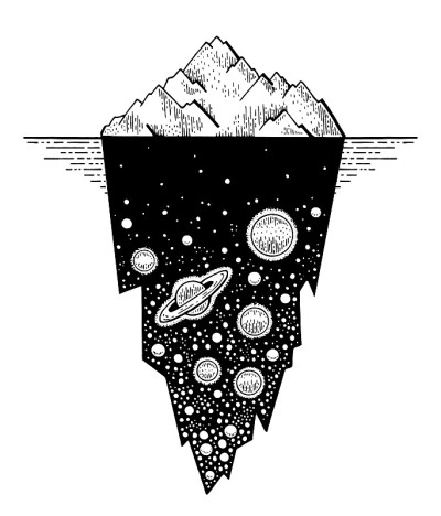 冰山草图。冰手画纹身。北极海与山的插图。矢量轮廓冰山标志。水下绘图与宇宙线艺术。南极的图标。波西米亚