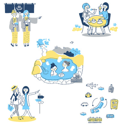 A set of various Japanese travel two-person scenes