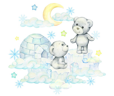 北极熊，在浮冰上，在云里。水彩明信片，在孤立的背景上以卡通风格完成。