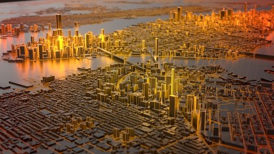 数字纽约市与热发光的边缘，3d插图