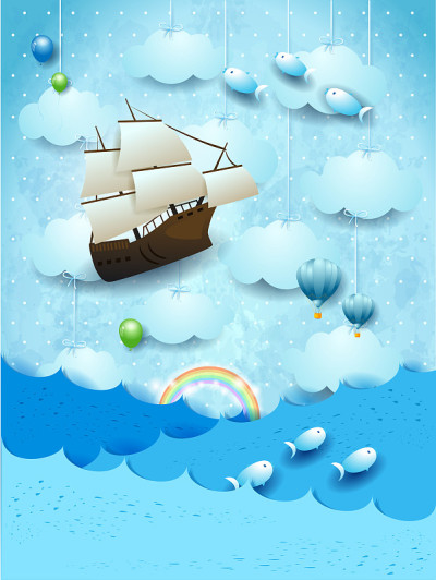幻想海景与飞船和鱼