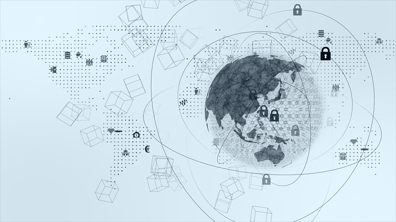 5G和AI技术，全球通信网络概念。世界地图点、线、组成，代表全球、全球网络连接、国际意义。