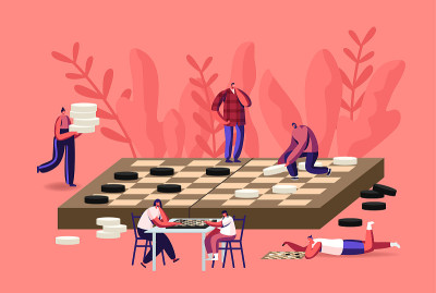 桌面游戏智能娱乐，休闲或家庭爱好概念与小角色玩巨大的跳棋棋盘游戏