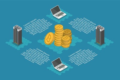 等距比特币采矿农场概念3d信息图。