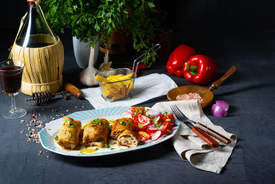 Vegetable roulade from roast  pork loins with sala